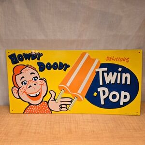 Howdy Doody Twin Pop Metal Sign Made in USA Vintage 1990s Coitsville OHIO 16x8"